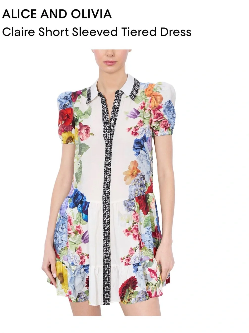 Alice + Olivia White Floral Short Sleeve Mini Dress - Picture 3 of 7